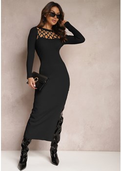 Czarna Dopasowana Sukienka Maxi z Ażurowym Dekoltem i Rozcięciem na Nogę Fonelia Renee Renee odzież promocja - kod rabatowy