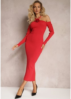 Czerwona Prążkowana Sukienka Midi Zdobiona Metaliczną Nicią i Kwiatem Zorella Renee okazyjna cena Renee odzież - kod rabatowy