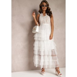 Sukienka biała Renee elegancka bez rękawów w serek rozkloszowana  - zdjęcie produktu