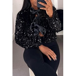 Bluzka damska IVET z okrągłym dekoltem satynowa czarna z długim rękawem  - zdjęcie produktu