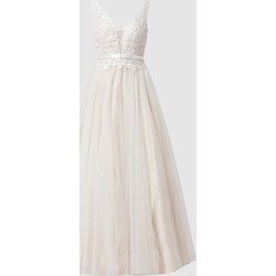 Sukienka beżowa Luxuar Fashion rozkloszowana na ślub cywilny tiulowa bez rękawów  - zdjęcie produktu
