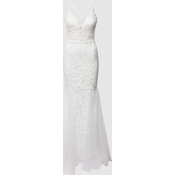 Biała sukienka Luxuar Fashion w kwiaty bez rękawów na zimę z tiulu maxi  - zdjęcie produktu