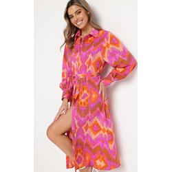 Born2be sukienka z długimi rękawami boho midi różowa z paskiem  - zdjęcie produktu
