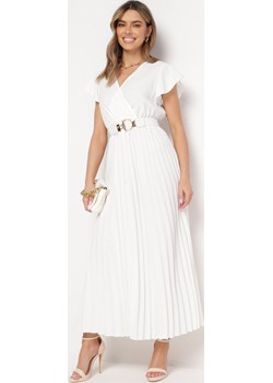 Biała Sukienka Maxi Plisowana z Kopertową Górą Rozkloszowany Fason Anelea okazja Born2be Odzież - kod rabatowy