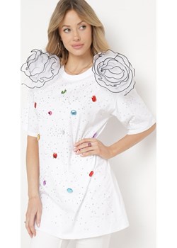 Biała Sukienka Mini z Bawełny Ozdobiona Kwiatami Cyrkoniami i Kryształkami Born2be Odzież okazja - kod rabatowy