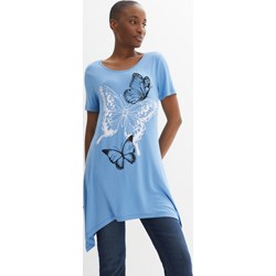 Bonprix bluzka damska niebieska z wiskozy z okrągłym dekoltem w nadruki  - zdjęcie produktu