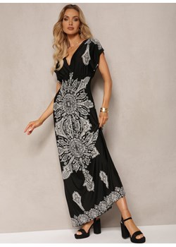 Czarna Letnia Sukienka z Gumką w Pasie Kopertową Górą i Ornamentalnym Printem Renee okazyjna cena Renee odzież - kod rabatowy