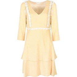 Sukienka żółta mini w serek z długim rękawem trapezowa  - zdjęcie produktu