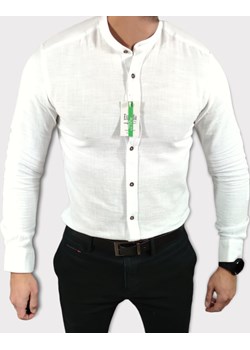 Koszula tkanina lniana grubsza  ze stójką slim fit biała ESP010  DM Espada Men’s Wear Moda Męska - kod rabatowy