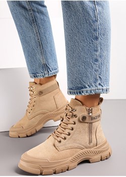 Brązowe Sznurowane Traperki z Ekozamszu z Suwakiem i Paskiem z Napisami Dikofena Renee promocyjna cena renee.pl - kod rabatowy