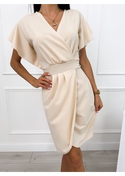 Jasnobeżowa Sukienka z Kopertowym Dekoltem Modnakiecka.pl ModnaKiecka.pl - kod rabatowy