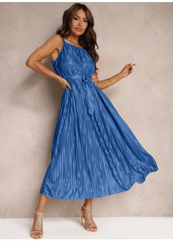 Niebieska Sukienka Plisowana z Paskiem w Talii na Cienkich Ramiączkach Wasea Renee Renee odzież okazyjna cena - kod rabatowy
