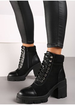 Czarne Botki na Słupku i Platformie z Ozdobnym Wstawkami Ezisha wyprzedaż born2be.pl - kod rabatowy
