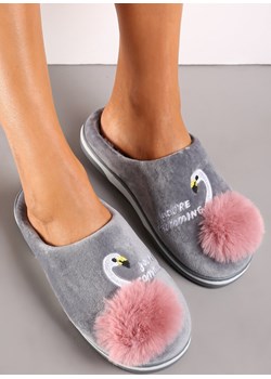 Szare Kapcie na Płaskiej Podeszwie z Pomponem i Haftem Xamela Renee wyprzedaż renee.pl - kod rabatowy
