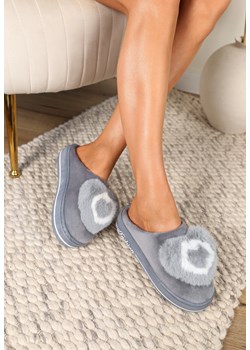 Szare Kapcie na Grubej Podeszwie z Futrzaną Aplikacją Phoenix Renee promocja renee.pl - kod rabatowy