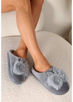 Szare Kapcie na Płaskiej Podeszwie z Cyrkoniami i Futerkiem Dezilie Renee okazyjna cena renee.pl - kod rabatowy