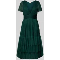 Sukienka Lace & Beads zielona na wiosnę z krótkimi rękawami midi z okrągłym dekoltem  - zdjęcie produktu