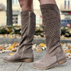 Kozaki damskie Tymoteo casual gładkie płaskie z cholewką przed kolano na zamek welurowe  - zdjęcie produktu