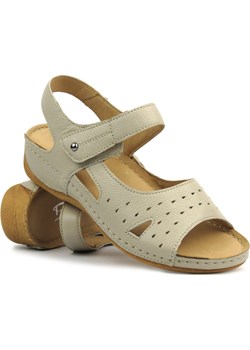 Skórzane sandały damskie na rzep - Pollonus 1515, kremowe Pollonus ulubioneobuwie - kod rabatowy