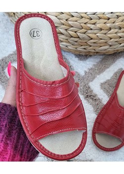 Pantofelek24.pl | Marszczone klapki domowe z naturalnej skóry Bordowe Pantofelek24 pantofelek24.pl - kod rabatowy