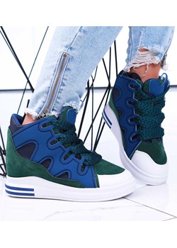 Sznurowane granatowo zielone trampki sneakersy na niskim koturnie /E2-3 15824 Pantofelek24 Pantofelek24.pl - kod rabatowy