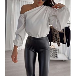 Bluzka damska z długim rękawem biała z okrągłym dekoltem jesienna  - zdjęcie produktu