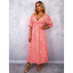 Sukienka Olika pomarańczowy z krótkim rękawem z dekoltem v  - zdjęcie produktu