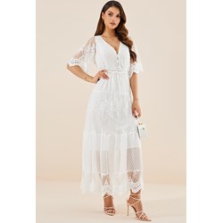 Sukienka biała Jacinshop koronkowa maxi boho z krótkim rękawem z dekoltem w literę v  - zdjęcie produktu