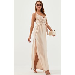 Jacinshop sukienka beżowa na ramiączkach w serek elegancka maxi  - zdjęcie produktu
