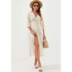 Sukienka beżowa Jacinshop midi z długim rękawem szmizjerka  - zdjęcie produktu