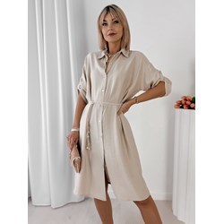 Sukienka casual beżowa z długim rękawem mini szmizjerka  - zdjęcie produktu
