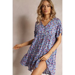 Niebieska sukienka Renee z krótkim rękawem w kwiaty casual  - zdjęcie produktu