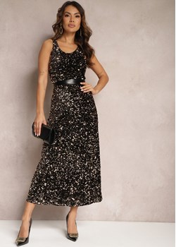 Brązowa Sukienka Maxi na Ramiączkach w Cekiny Misona Renee wyprzedaż renee.pl - kod rabatowy