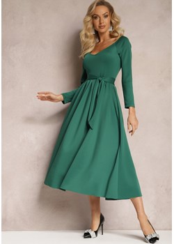 Zielona Sukienka Midi o Rozszerzanym Kroju z Paskiem w Talii i Dekoltem w Serek Renee okazyjna cena renee.pl - kod rabatowy
