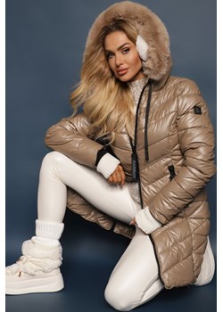 Ciemnobeżowa Pikowana Kurtka z Kapturem Zdobionym Odpinanym Futerkiem Tinetisa Renee renee.pl promocja - kod rabatowy