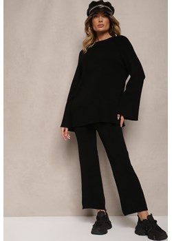 Czarny Dzianinowy Komplet z Wiskozą Sweter i Spodnie z Rozcięciami i Gumką w Renee okazja renee.pl - kod rabatowy