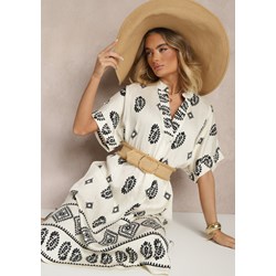 Sukienka Renee biała midi z długimi rękawami z aplikacjami  boho z wiskozy z okrągłym dekoltem  - zdjęcie produktu