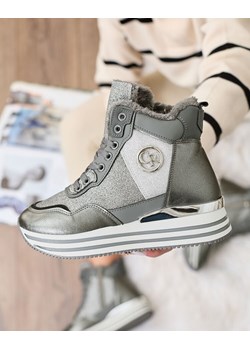 Royalfashion Sportowe szare sneakersy damskie z brokatem Kawellas Royalfashion.pl okazyjna cena royalfashion.pl - kod rabatowy