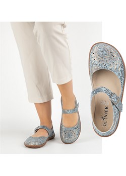 Damskie buty barefoot ze skóry naturalnej z printem 1284 błękitne Olivier butyolivier - kod rabatowy