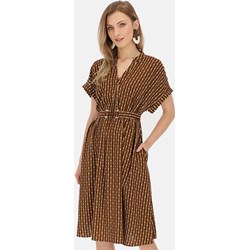 Sukienka L'AF z dekoltem v brązowa rozkloszowana w groszki midi  - zdjęcie produktu