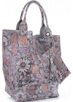 VITTORIA GOTTI Made in Italy Torebka Skórzana Shopper Bag Kwiaty Multikolor - Szara (kolory) szary Vittoria Gotti PaniTorbalska - kod rabatowy