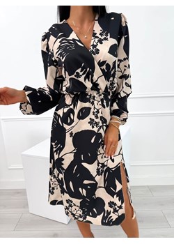 Beżowo-Czarna Sukienka w Kwiatowy Wzór Modnakiecka.pl ModnaKiecka.pl - kod rabatowy