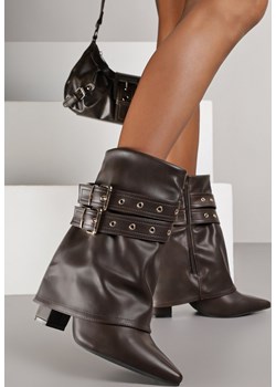 Brązowe Botki Typu Kowbojki na Obcasie z Wywiniętą Cholewką i Klamrami Cidvire born2be.pl - kod rabatowy