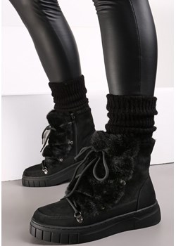 Czarne Śniegowce Ozdobione Futerkiem Przy Sznurowaniu Avionea okazja born2be.pl - kod rabatowy