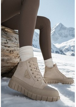 Ciemnobeżowe Botki Vices w Stylu Trampków z Grubą Tłoczoną Podeszwą z Ozdobą born2be.pl - kod rabatowy