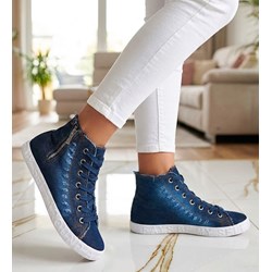 Trampki damskie z tkaniny sznurowane z wysoką cholewką na płaskiej podeszwie  - zdjęcie produktu