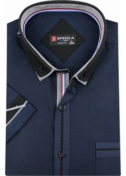 Koszula Męska Speed.A gładka granatowa SLIM FIT z podwójnym kołnierzykiem na krótki rękaw K636 Speed.A promocja swiat-koszul.pl - kod rabatowy