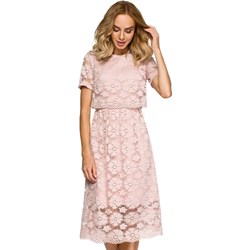 Sukienka różowa z okrągłym dekoltem z krótkim rękawem koronkowa  - zdjęcie produktu