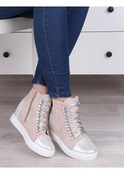 Pudrowe botki damskie, wysokie sneakersy, tenisówki na koturnie - Obuwie F219 Damle okazyjna cena ebuto.pl - kod rabatowy