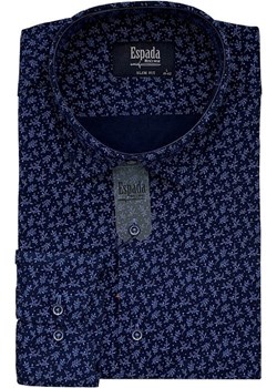 GRANATOWA KOSZULA MĘSKA W NIEBIESKIE LISTKI SLIM FIT Z DŁUGIM RĘKAWEM Espada Men`s Wear eseller.pl - kod rabatowy